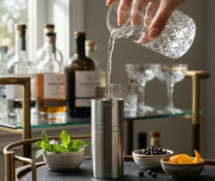 Eau versée depuis un verre à mélange dans le doseur gradué, posé sur un bar chic avec menthe fraîche, olives et zestes d'orange