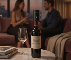 Bouchon pompe à air fixé sur une bouteille de vin French Bordeaux posée sur une table basse, avec un couple discutant en arrière-plan dans un salon au coucher du soleil.