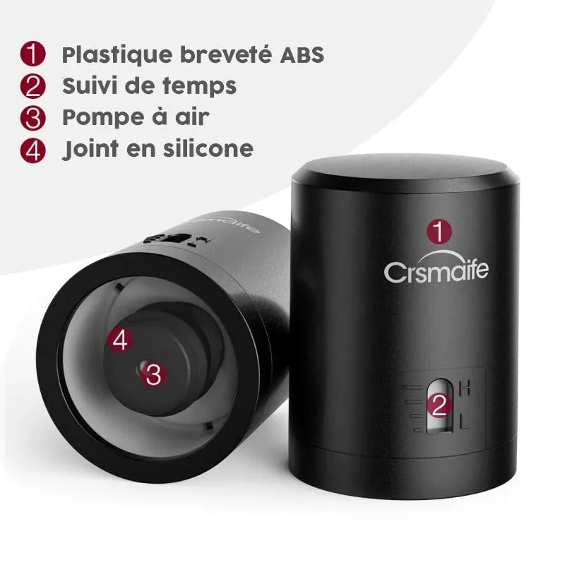 Infographie présentant les caractéristiques techniques du bouchon pompe à air vin : plastique breveté ABS, suivi du temps, pompe à air et joint en silicone.