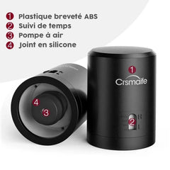 Infographie présentant les caractéristiques techniques du bouchon pompe à air vin : plastique breveté ABS, suivi du temps, pompe à air et joint en silicone.