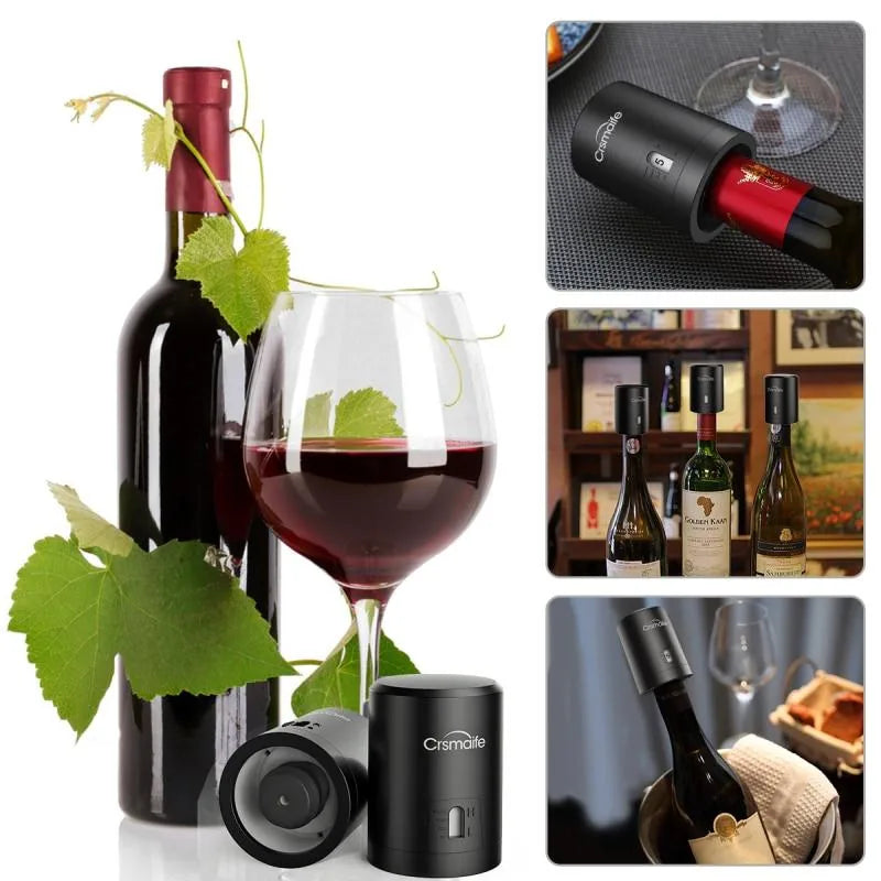 Collage de photos du bouchon pompe à air posé sur plusieurs bouteilles de vin, avec un verre de vin rouge, des feuilles de vigne et une mise en situation dans une cave à vin.