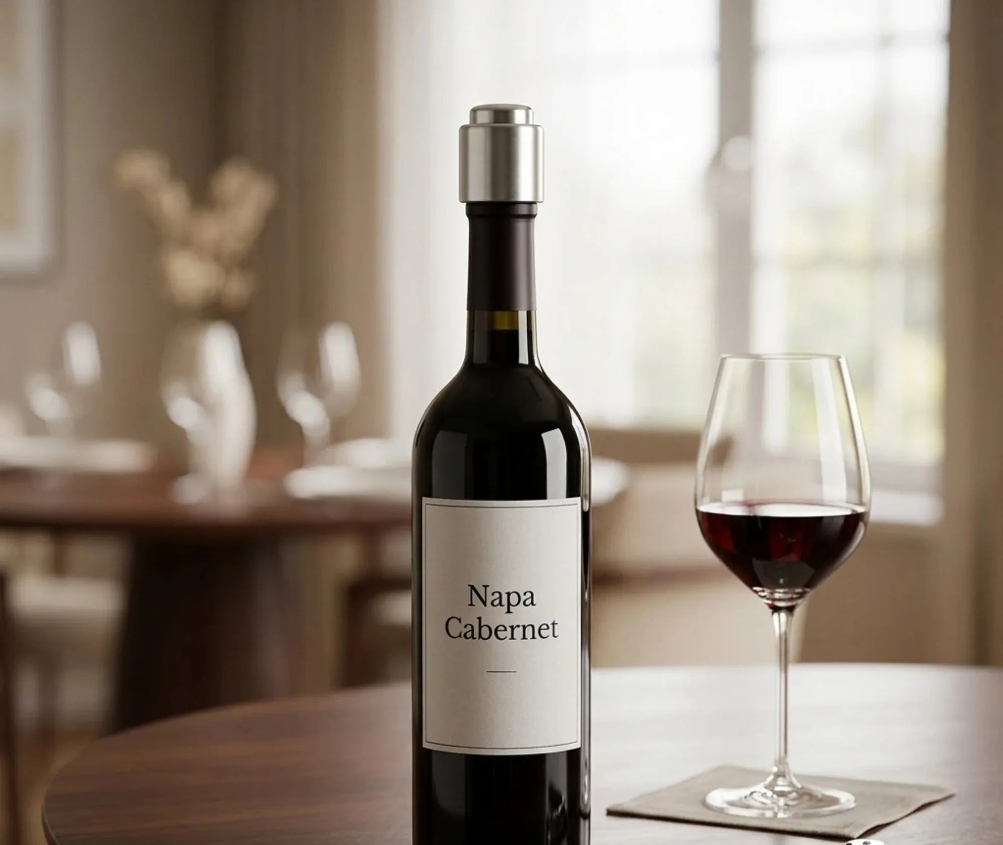 Bouteille de vin rouge Napa Cabernet équipée du bouchon sous vide, posée sur une table dressée avec un verre de vin dans une salle à manger élégante.