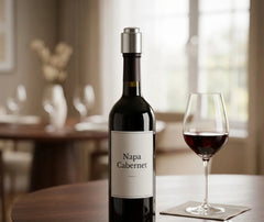 Bouteille de vin rouge Napa Cabernet équipée du bouchon sous vide, posée sur une table dressée avec un verre de vin dans une salle à manger élégante.