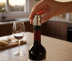 Une main enfonce le bouchon sous vide sur une bouteille de vin rouge entamée, dans une cuisine avec un verre de vin en arrière-plan.