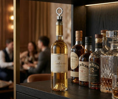 Bouchon de vin réutilisable installé sur une bouteille de Sauternes posée sur un bar, avec d'autres bouteilles en arrière-plan