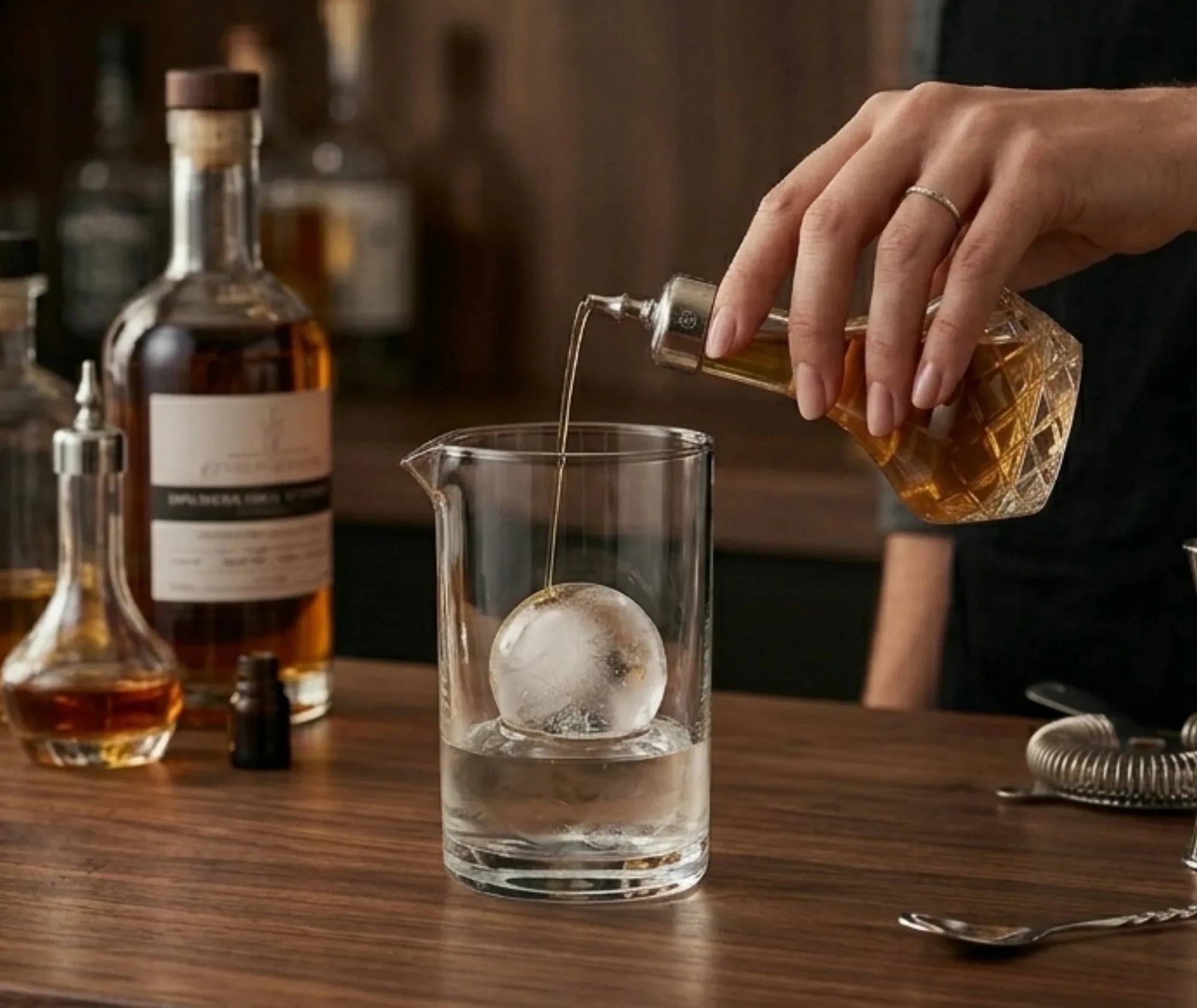 Bitter versé depuis la bouteille doseuse dans un verre à mélange avec glaçon sphérique, sur un bar en bois