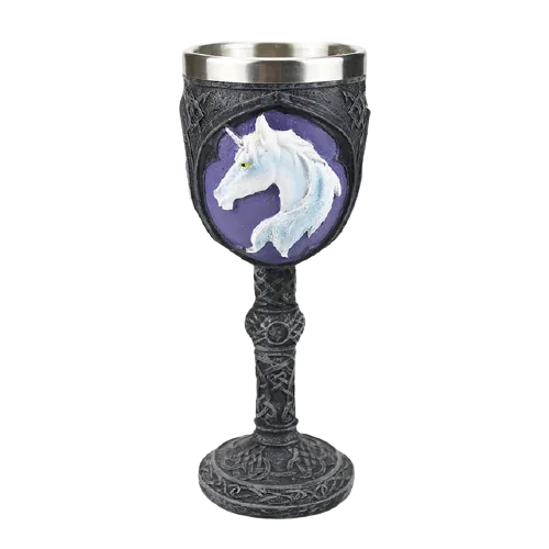 Calice Licorne au design gothique, coupe intérieure en acier inoxydable, photographié sur fond blanc
