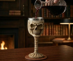 Verre de vin rouge versé dans le calice tête de mort, ambiance bibliothèque avec cheminée