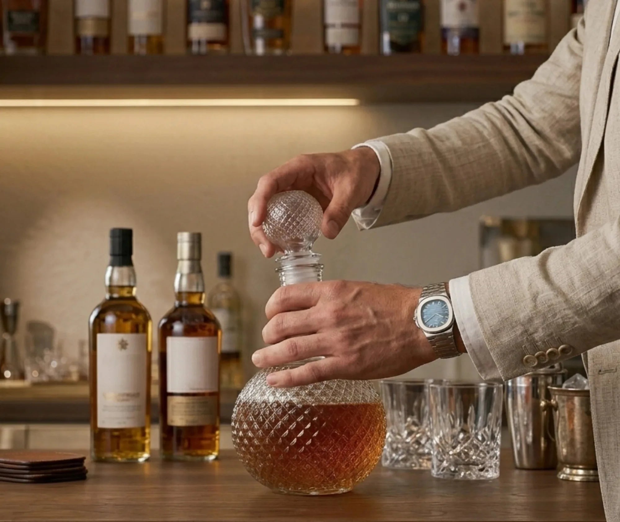 Homme en costume beige ouvrant une carafe à whisky ancienne sur un bar, entouré de bouteilles et de verres en cristal.