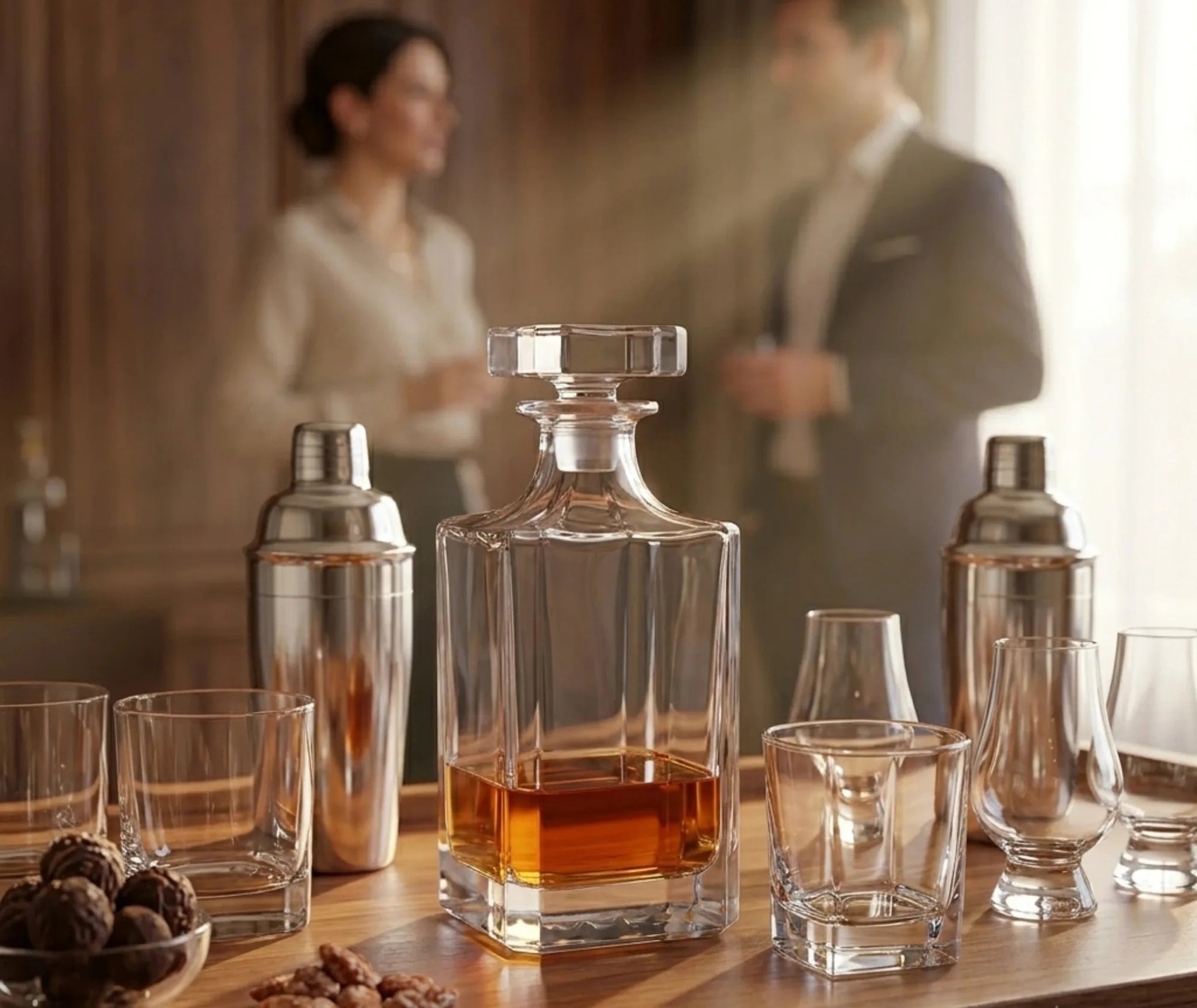 Scène d'ambiance : la carafe à whisky carrée entourée de deux shakers en métal et d'un bol de noix, avec un couple discutant en arrière-plan flou.