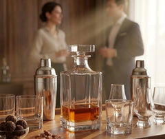 Scène d'ambiance : la carafe à whisky carrée entourée de deux shakers en métal et d'un bol de noix, avec un couple discutant en arrière-plan flou.