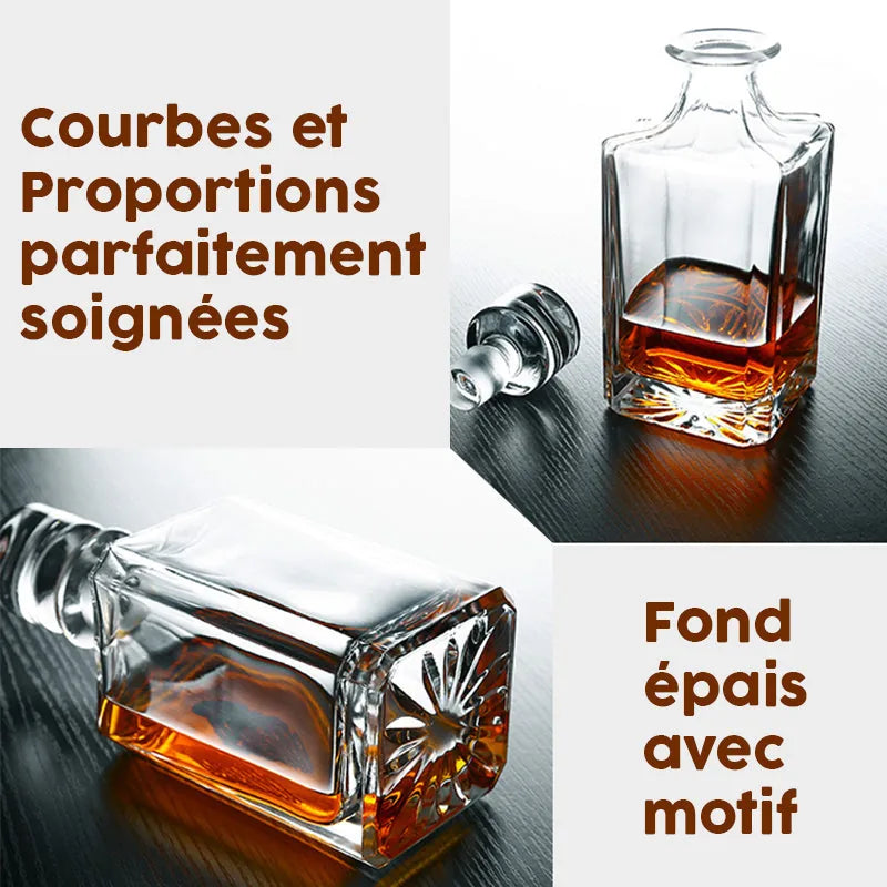 Collage présentant les détails de la carafe : ses courbes soignées et son fond épais gravé d'un motif étoilé.