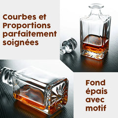Collage présentant les détails de la carafe : ses courbes soignées et son fond épais gravé d'un motif étoilé.