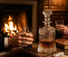 La carafe à whisky en cristal vintage posée sur une table près d'une cheminée allumée, entourée de deux mains tenant chacune un verre de whisky.