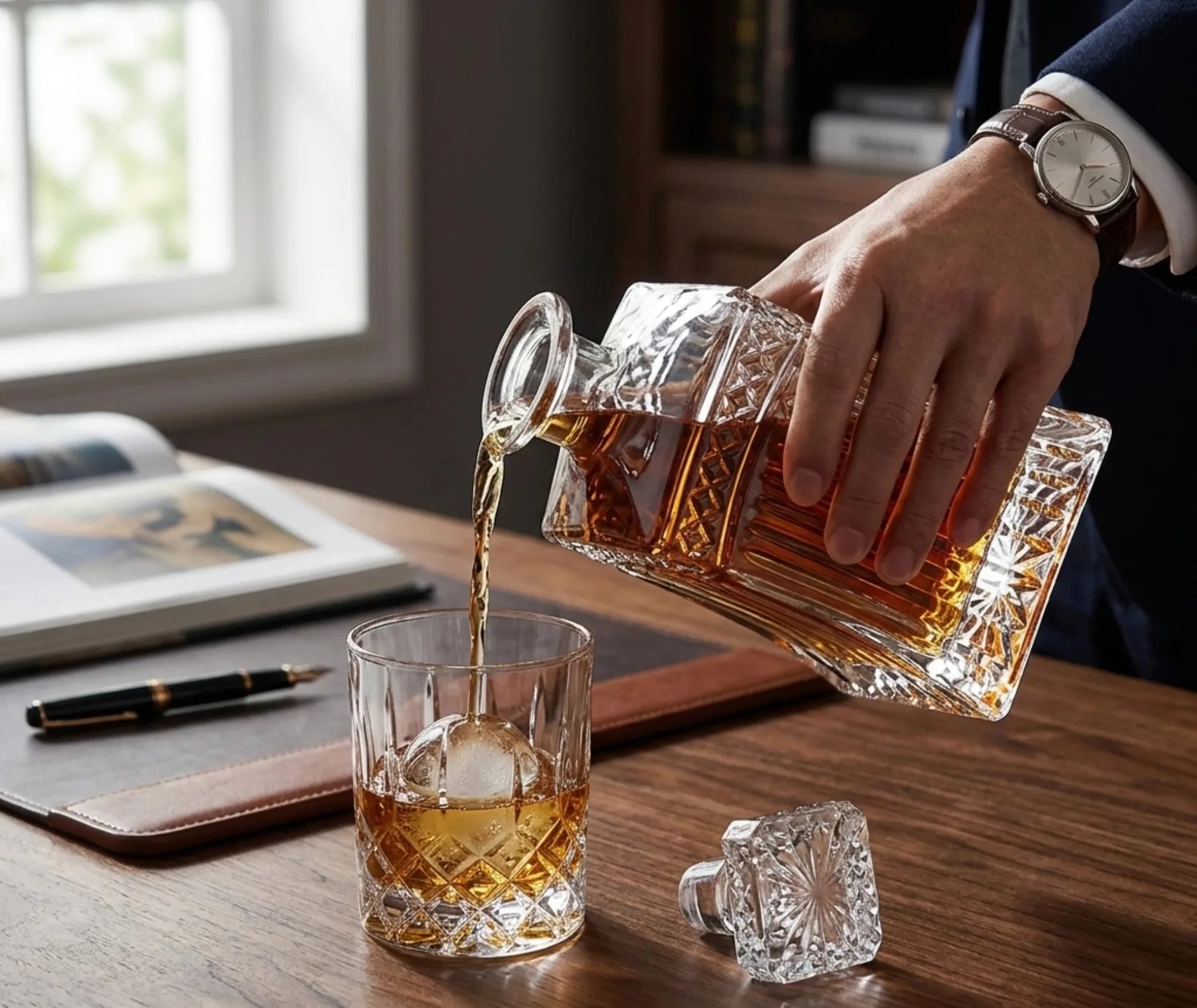 Un homme verse du whisky depuis la carafe en cristal vintage dans un verre avec glaçon sphérique, sur un bureau en bois avec stylo plume et livre ouvert.