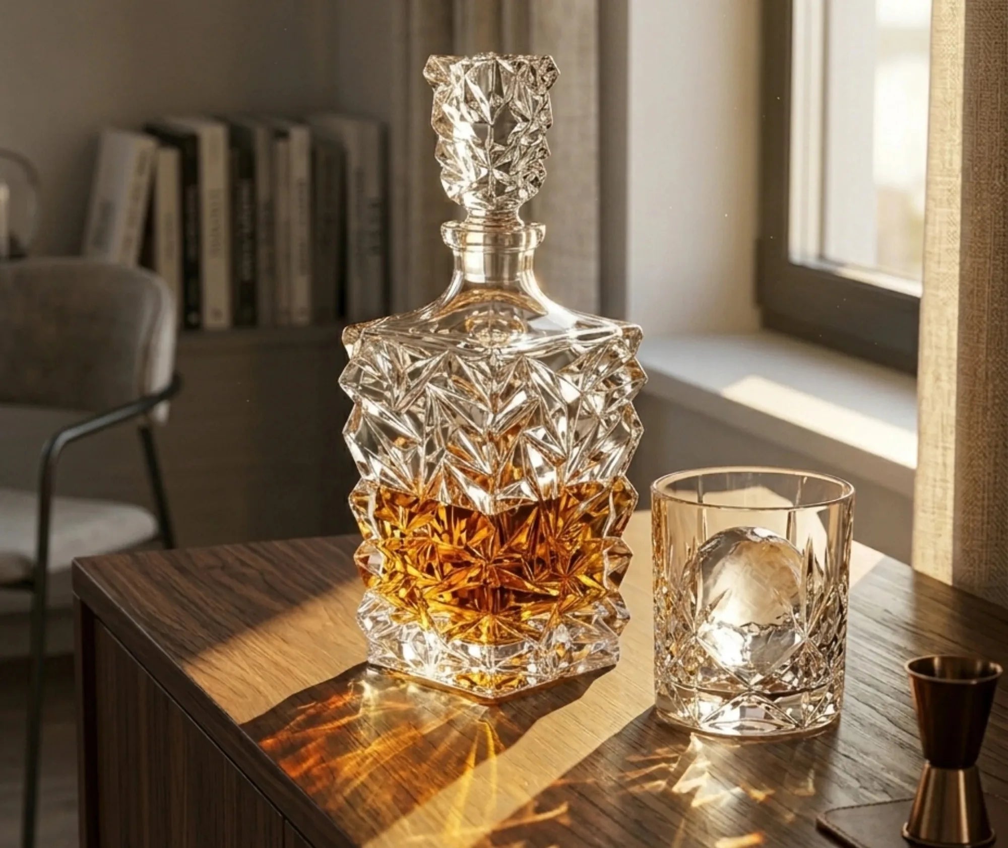 Carafe à whisky extraordinaire posée sur un meuble en bois dans un salon baigné de lumière dorée, à côté d'un verre avec glaçon