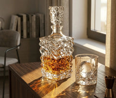Carafe à whisky extraordinaire posée sur un meuble en bois dans un salon baigné de lumière dorée, à côté d'un verre avec glaçon