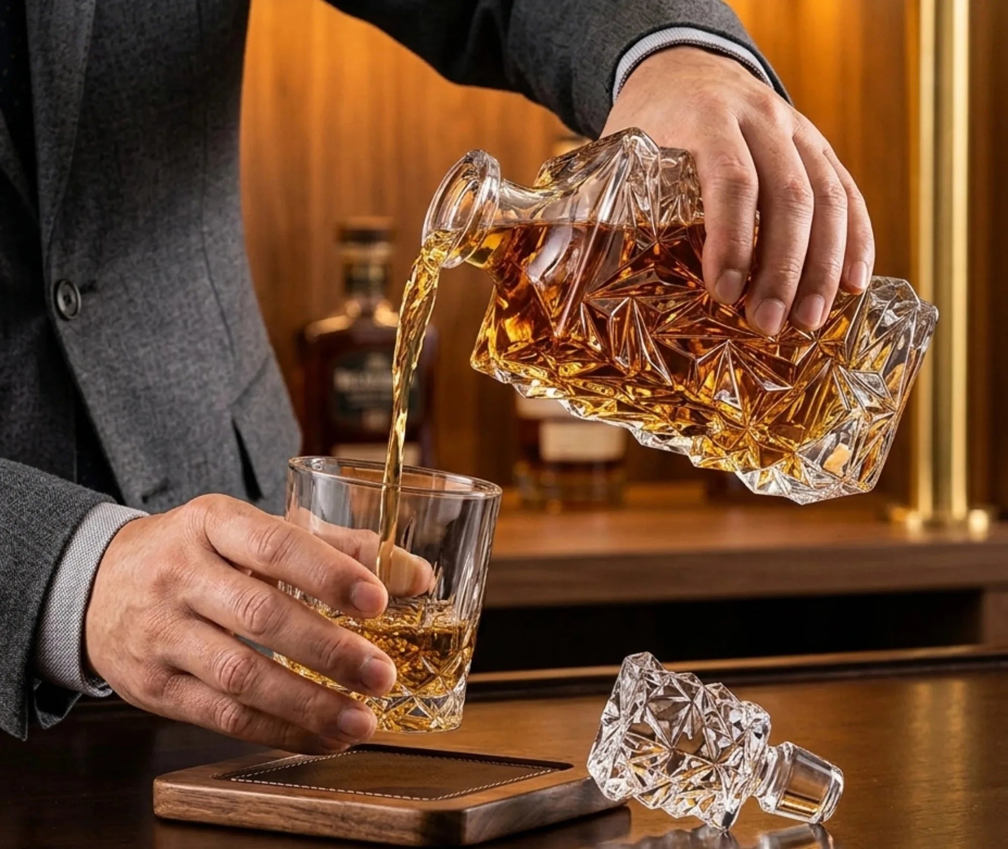 Un homme en costume verse du whisky depuis la carafe extraordinaire dans un verre, ambiance bar chic en bois et laiton