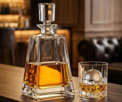 Carafe à whisky en cristal à moitié remplie posée sur un comptoir de bar en bois, à côté d'un verre à glaçon sphérique dans une ambiance chaleureuse.
