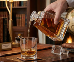 Une main verse du whisky depuis la carafe carrée en cristal dans un verre, dans une bibliothèque privée avec cheminée allumée en arrière-plan.