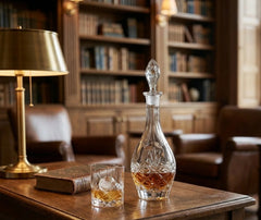 La carafe et un verre de whisky avec glaçon posés sur un bureau en bois dans une bibliothèque cosy, lampe à abat-jour doré.