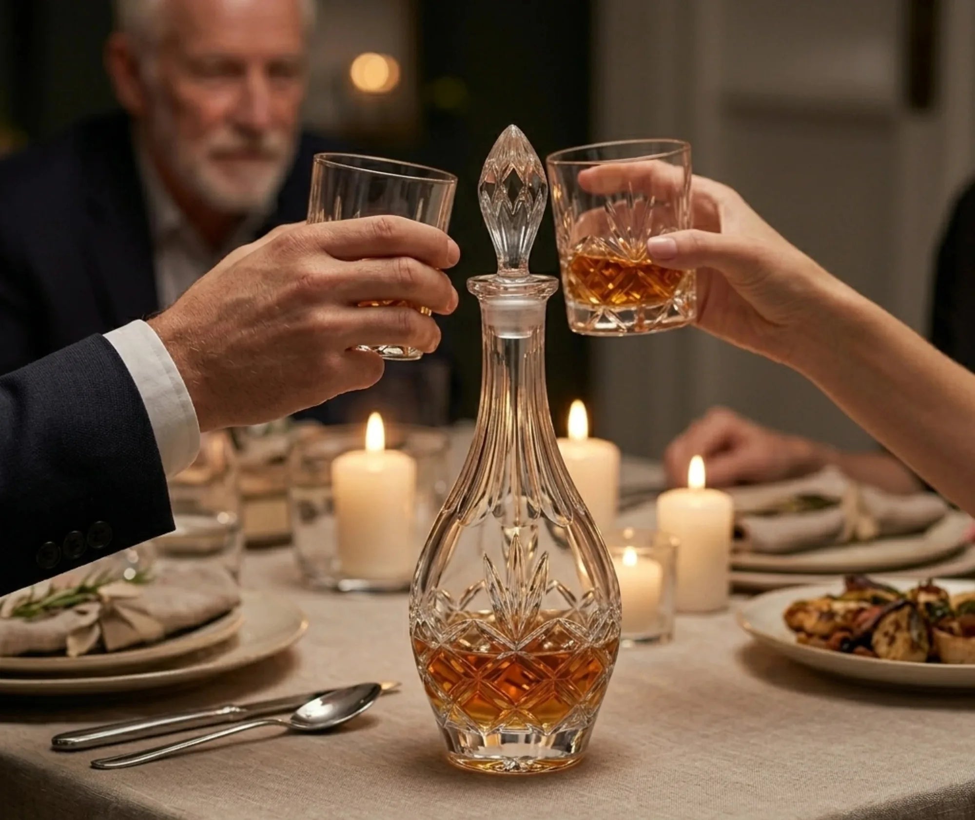 Deux convives trinquant avec des verres de whisky autour de la carafe posée sur une table dressée aux chandelles.