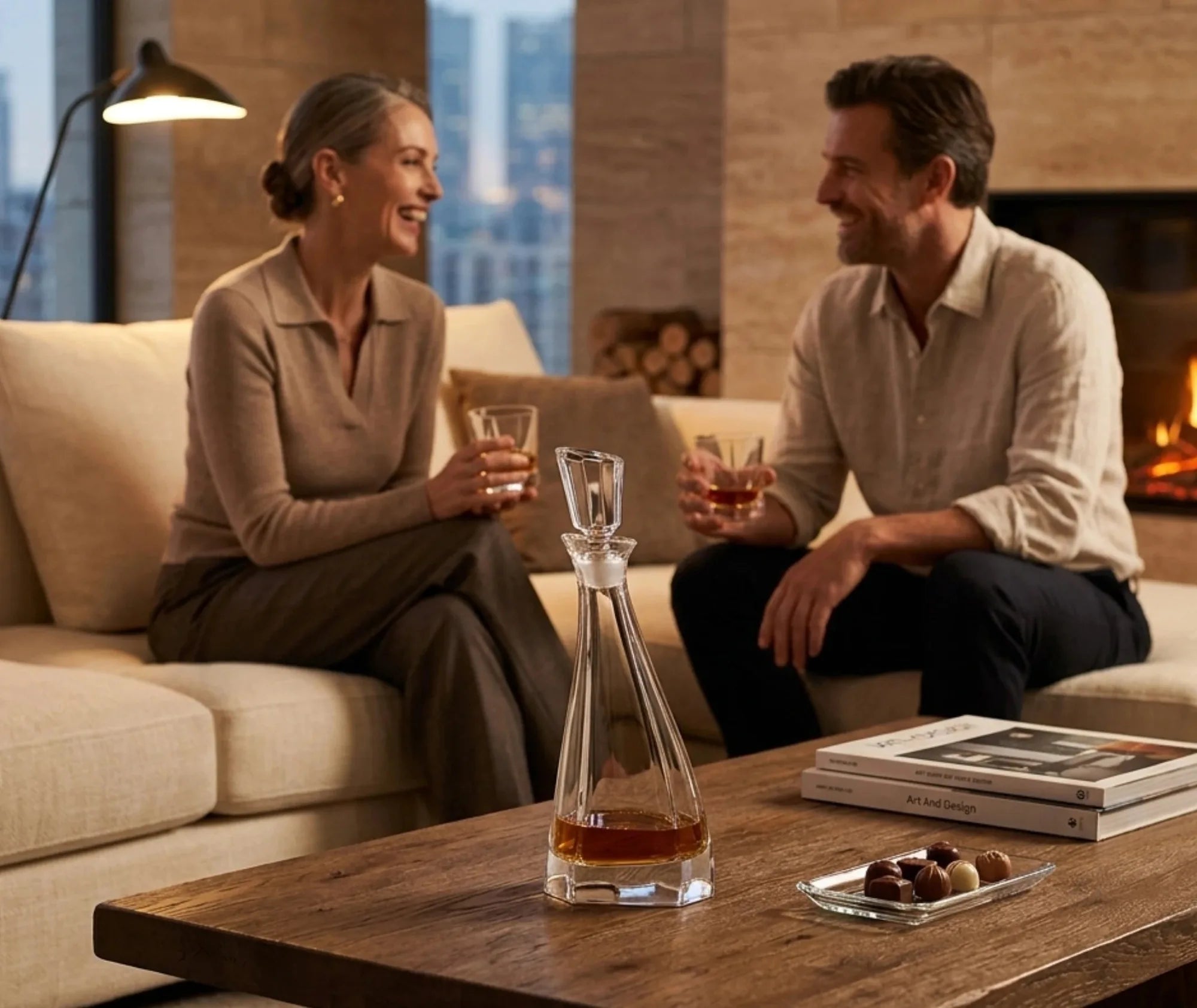 Carafe à whisky moderne posée sur une table basse en bois devant un couple souriant installé dans un salon cosy avec cheminée.