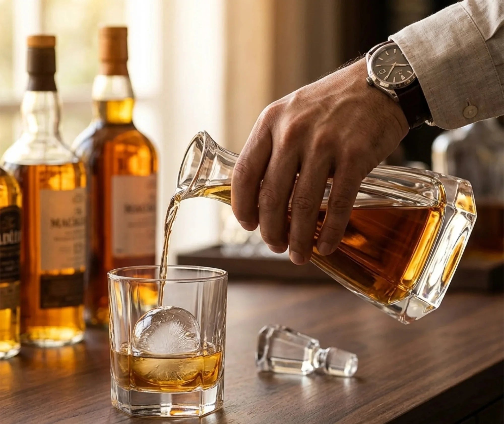 Main versant du whisky depuis la carafe moderne dans un verre à glaçon sphérique, avec bouteilles de whisky en arrière-plan.