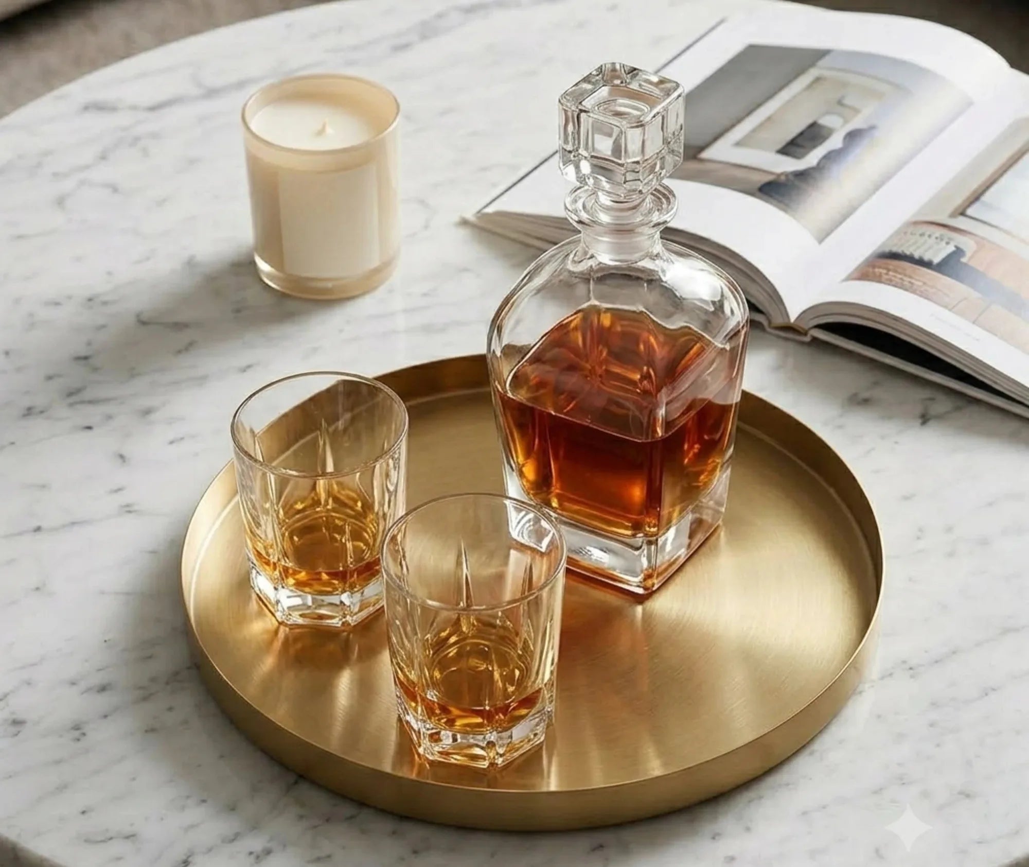 Carafe à whisky et deux verres sur un plateau doré, posés sur une table en marbre avec une bougie et un magazine ouvert.