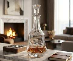 Carafe à whisky en cristal posée sur une table en marbre dans un salon cosy devant une cheminée allumée