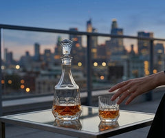 Carafe à whisky en cristal et son verre assorti sur une table de terrasse en soirée, vue sur les gratte-ciel