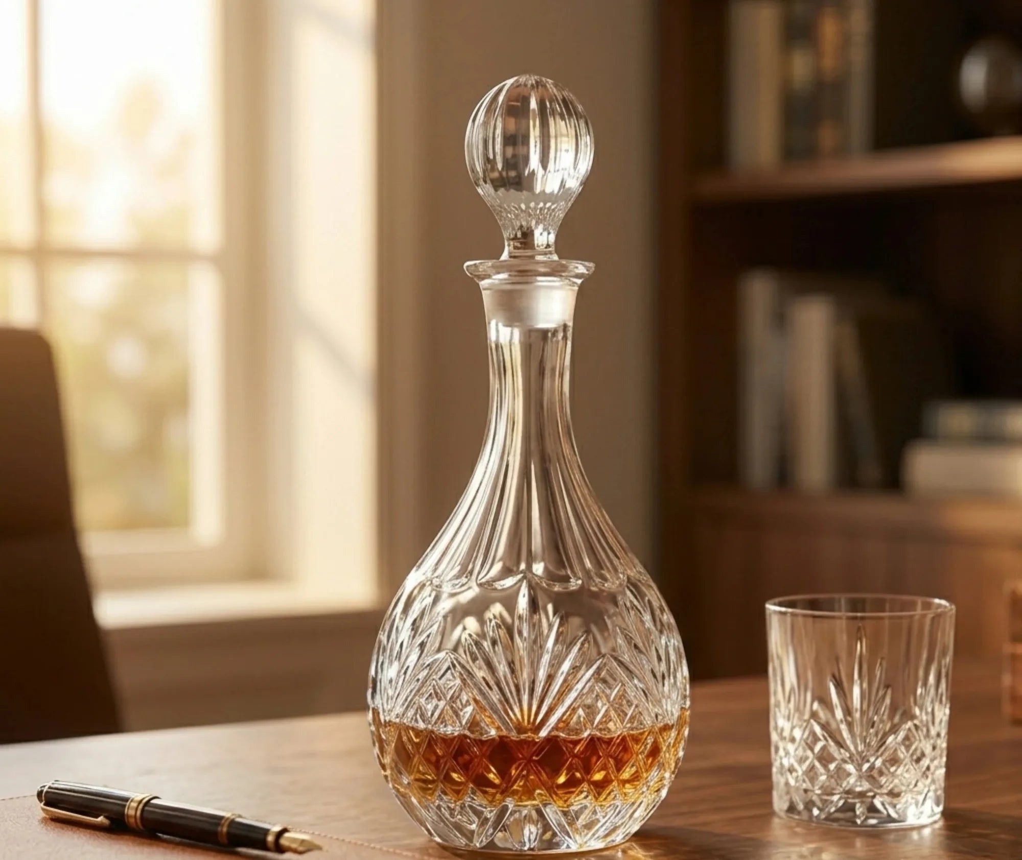Carafe à whisky en cristal sur un bureau en bois avec un stylo plume et un verre à whisky, bibliothèque en arrière-plan