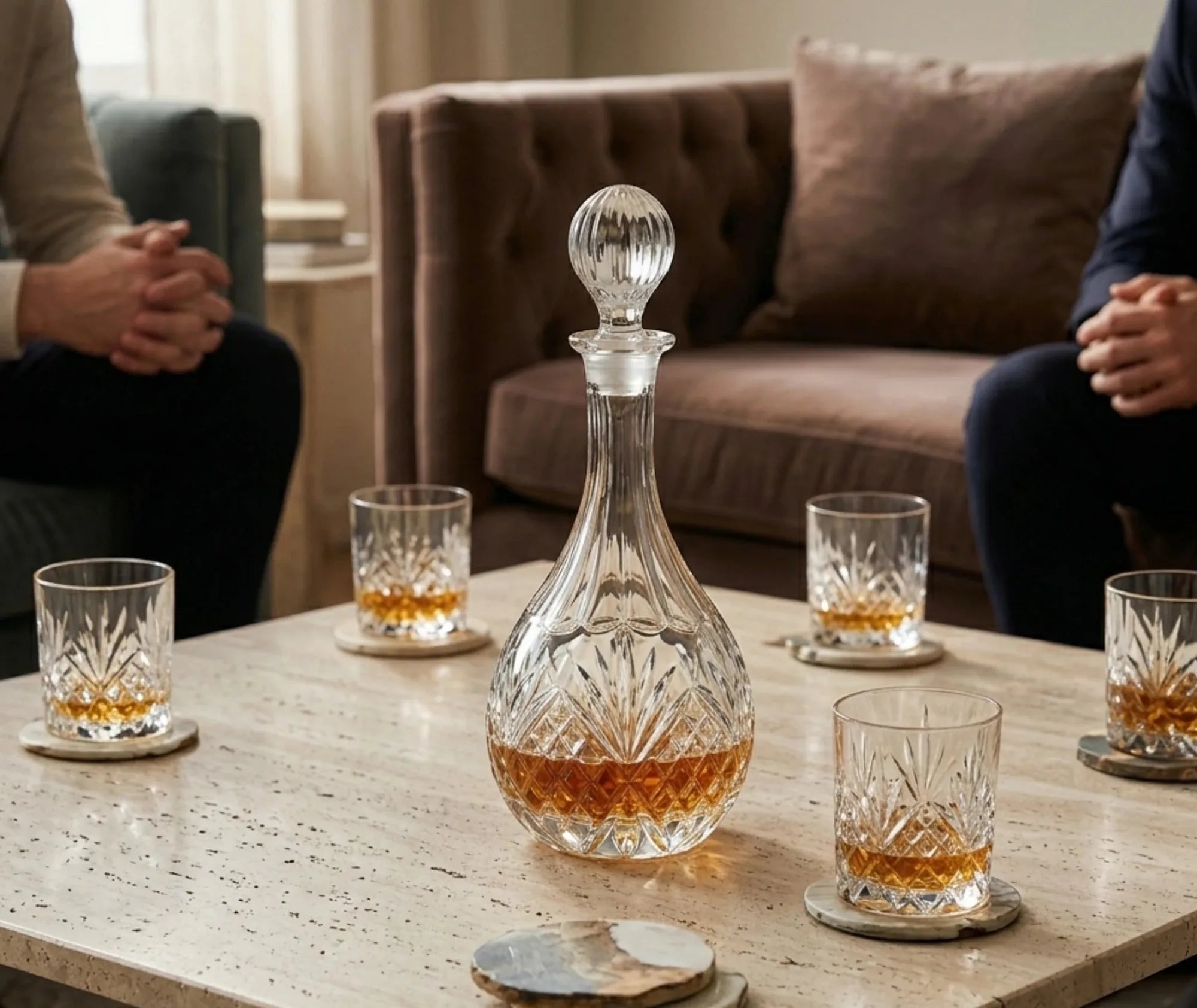 Carafe à whisky en cristal sur une table basse de salon, entourée de cinq verres à whisky et de deux personnes en arrière-plan