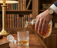 Un homme en costume verse du whisky depuis la carafe en cristal dans un verre, dans une bibliothèque en bois avec une lampe dorée.