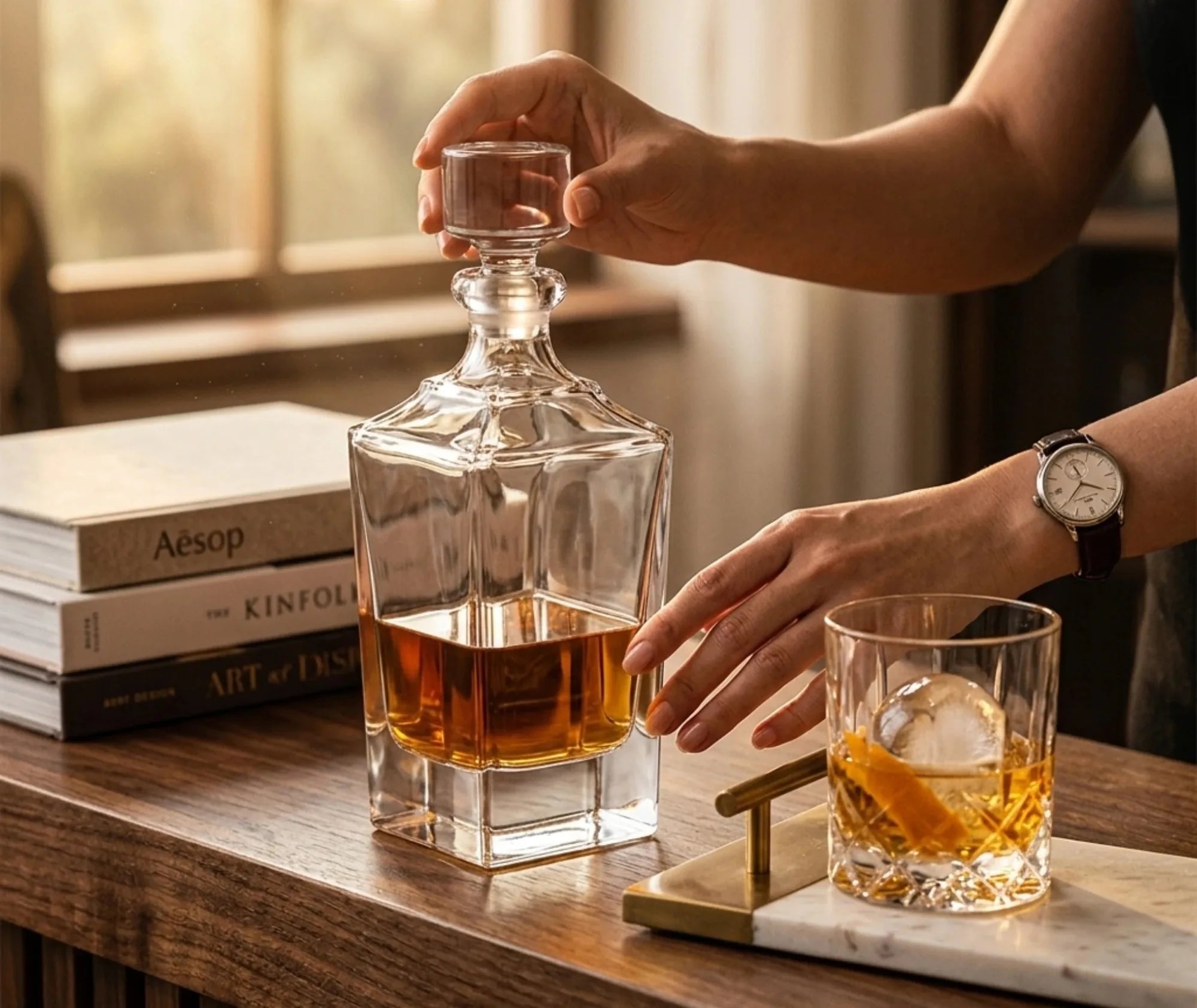 Une main retire le bouchon en verre de la carafe à whisky américaine posée sur un bar en bois, avec un verre à whisky et un glaçon sphérique à côté.