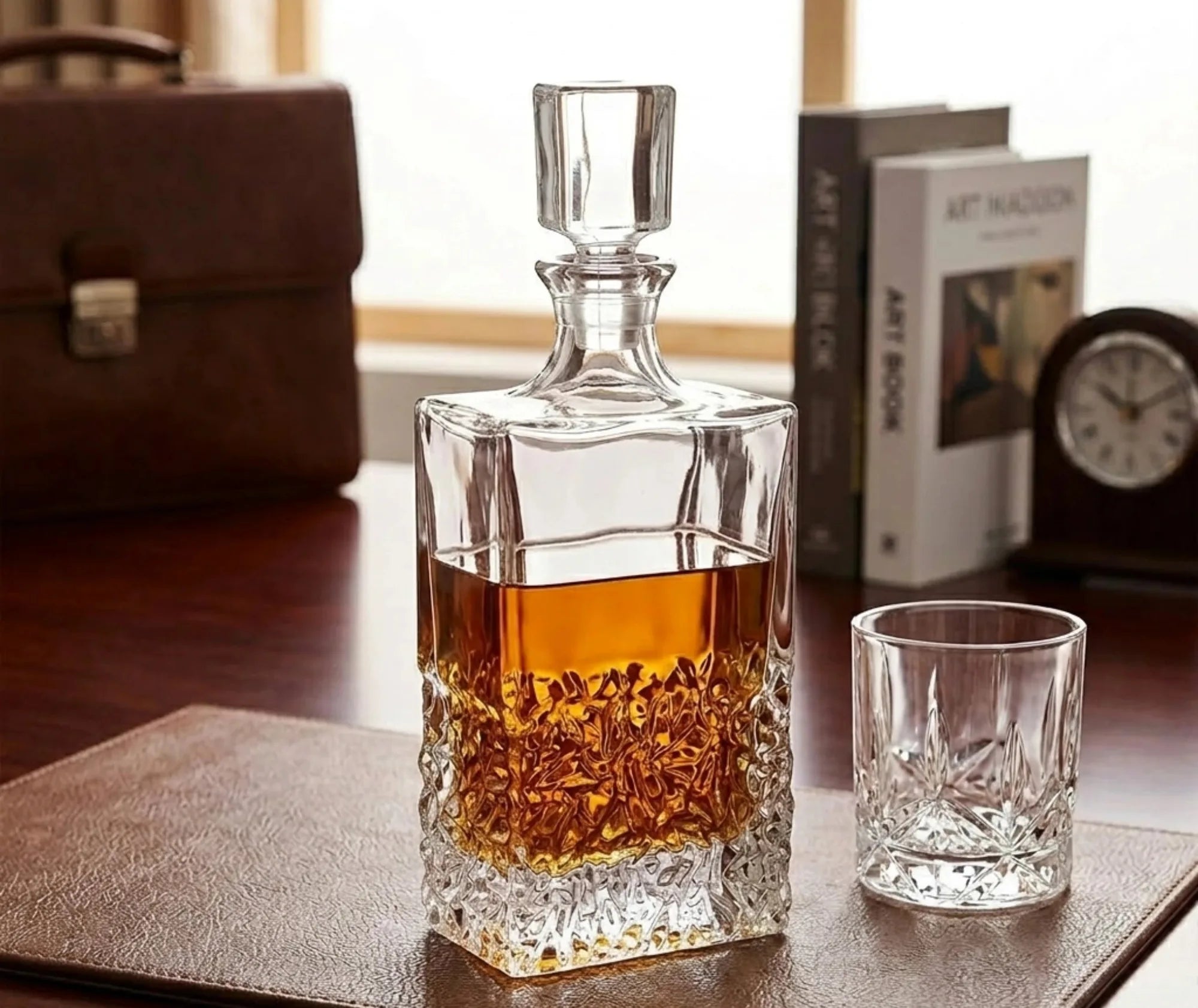 Carafe en cristal remplie de whisky posée sur un bureau en cuir, à côté d'un verre assorti, d'une mallette et d'une horloge.