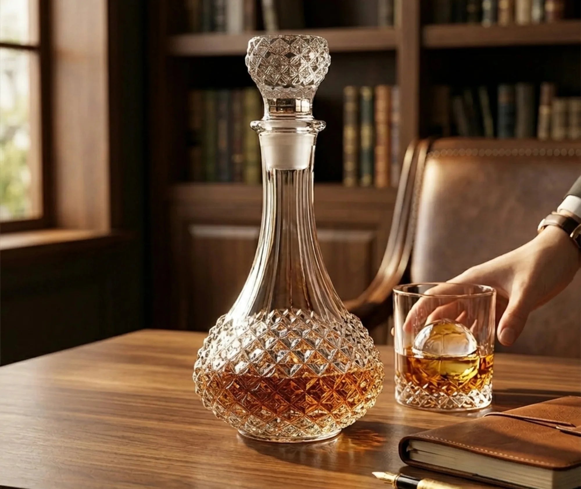 Carafe à whisky en cristal remplie posée sur un bureau en bois, avec un verre de whisky et une main à proximité, dans une bibliothèque cosy.