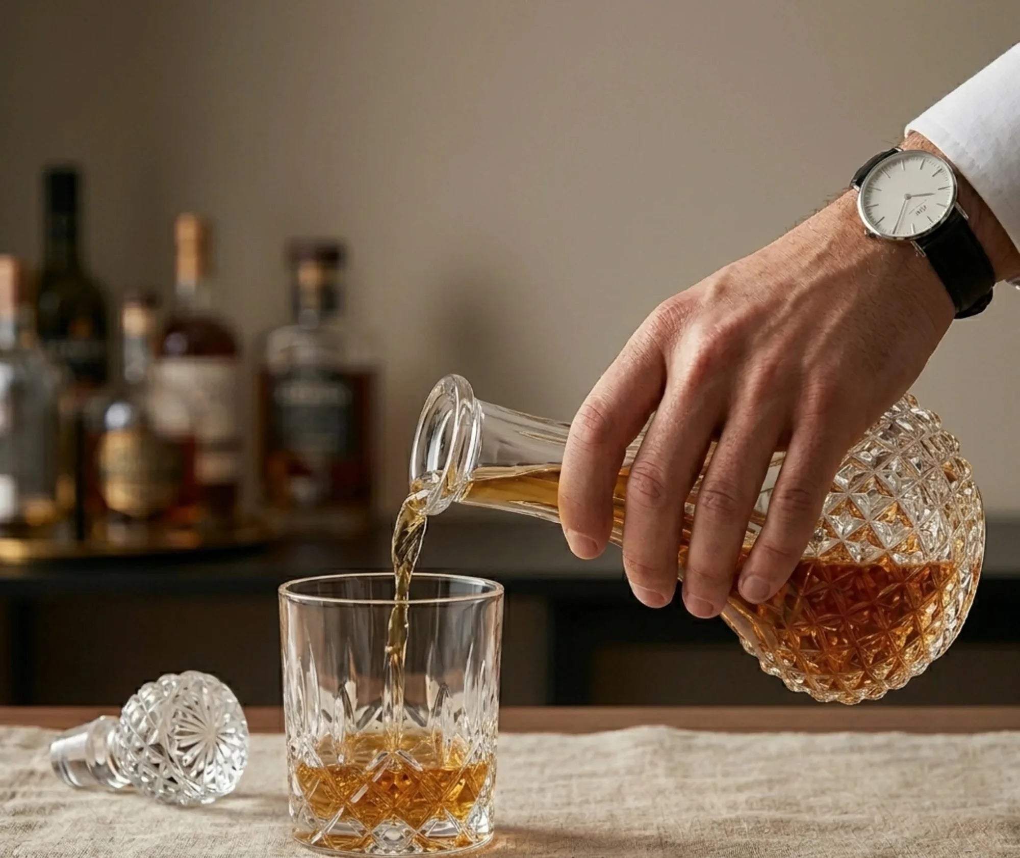 Une main verse du whisky depuis la carafe en cristal taillé dans un verre, dans une ambiance bar cosy.