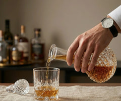 Une main verse du whisky depuis la carafe en cristal taillé dans un verre, dans une ambiance bar cosy.