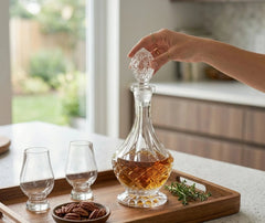 Main refermant le bouchon en cristal taillé de la carafe posée sur un plateau en bois avec verres à whisky, noix de pécan et romarin.