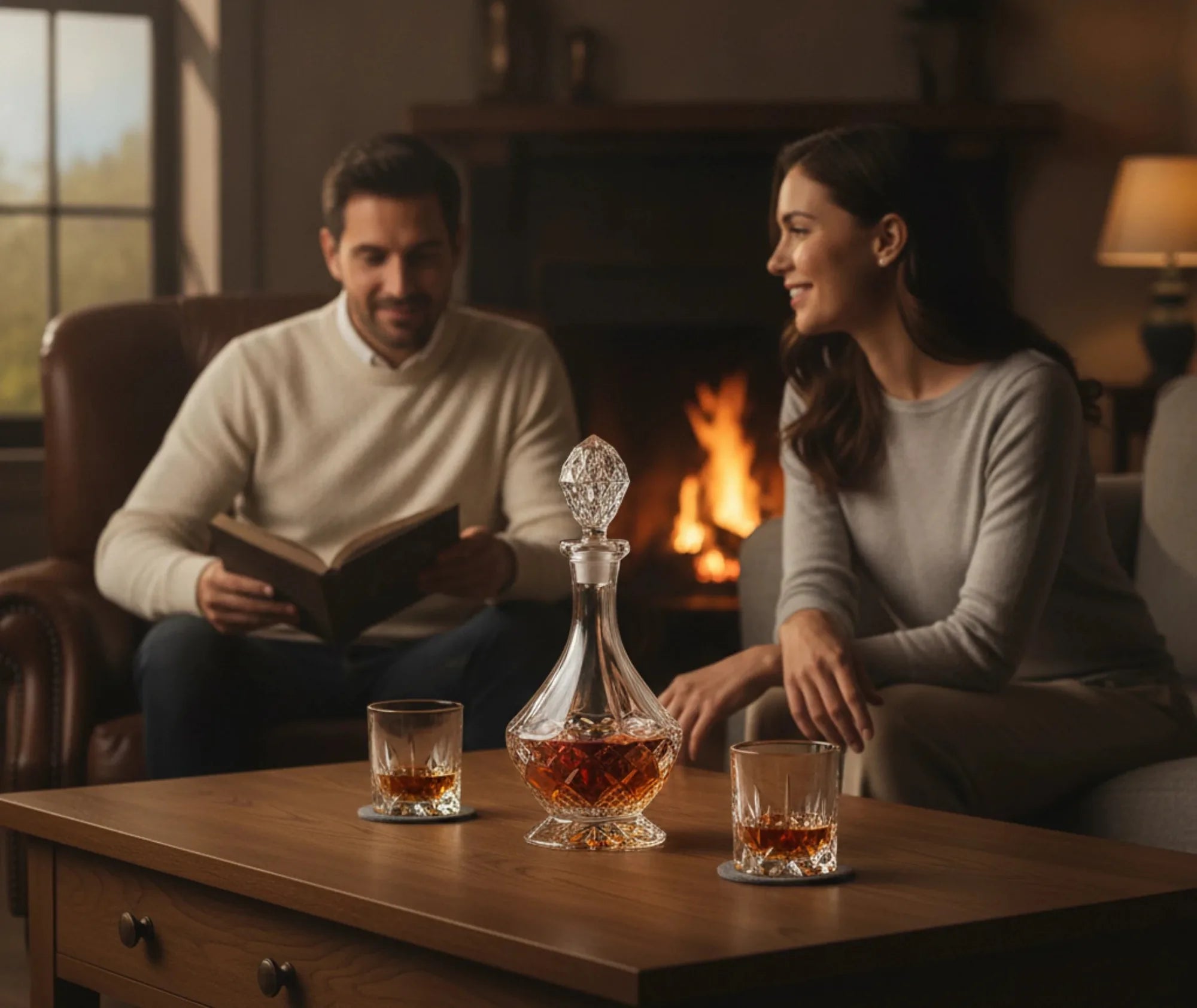 Carafe à whisky en cristal posée sur une table basse avec deux verres, devant une cheminée dans un salon cosy avec un couple.