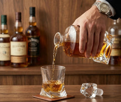 Main versant du whisky depuis la carafe design dans un verre à facettes, sur un bar en bois avec des bouteilles de whisky en arrière-plan.