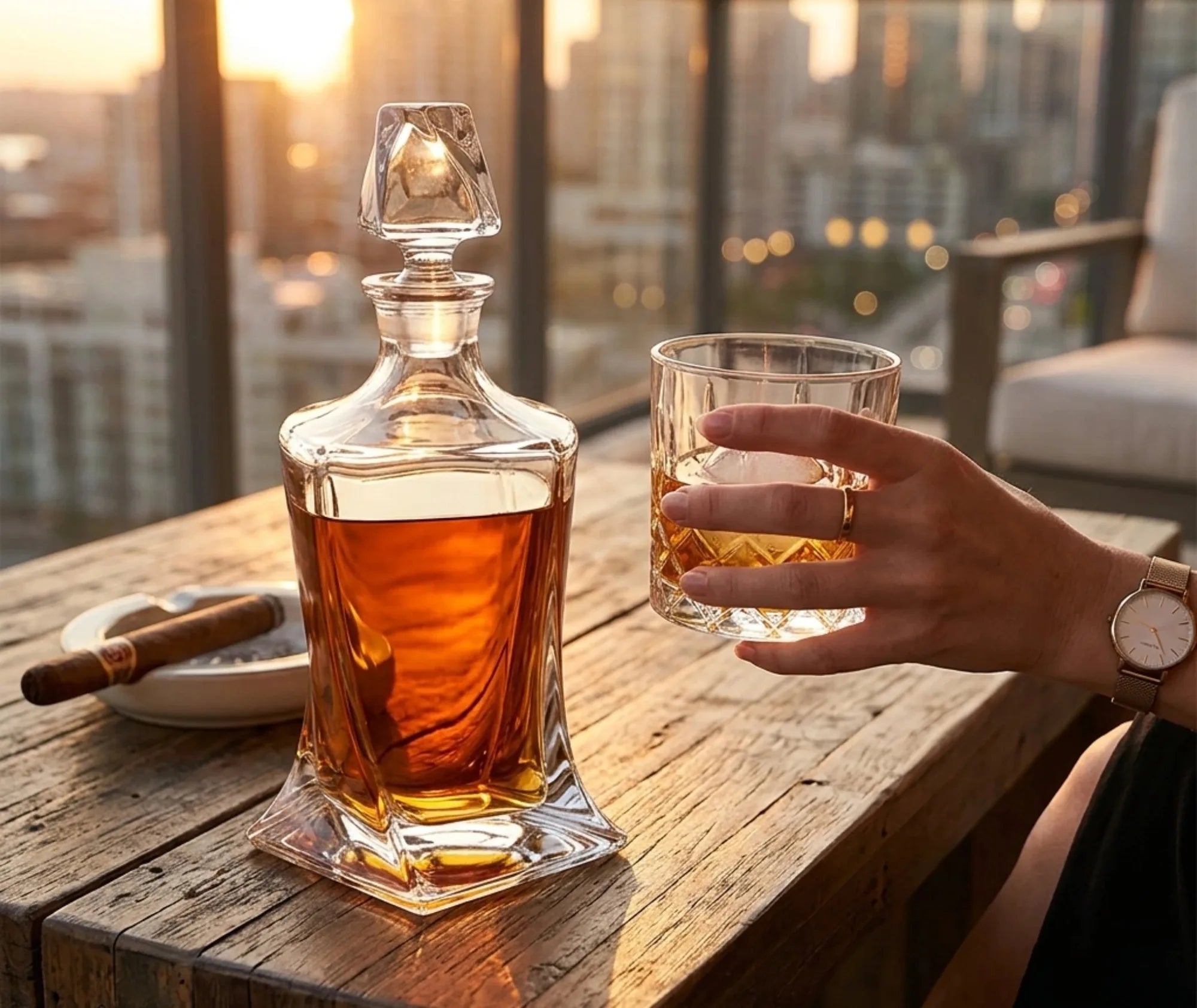Carafe à whisky design posée sur une table en bois d'une terrasse au coucher du soleil, avec un verre tenu à la main et un cigare allumé.