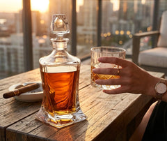 Carafe à whisky design posée sur une table en bois d'une terrasse au coucher du soleil, avec un verre tenu à la main et un cigare allumé.