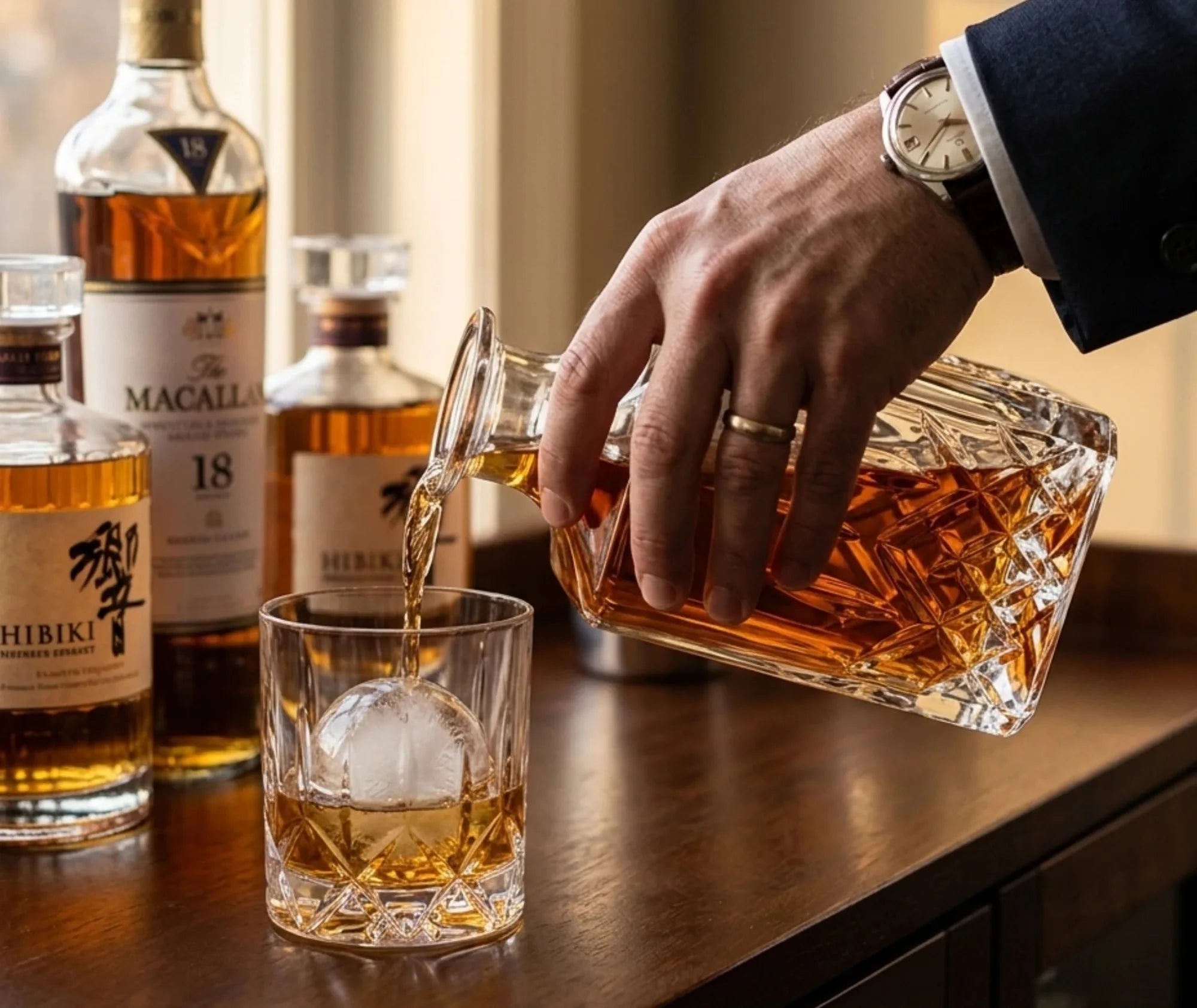 Un homme en costume verse du whisky depuis la carafe en verre taillé dans un verre à glaçon, avec des bouteilles de whisky haut de gamme en arrière-plan.