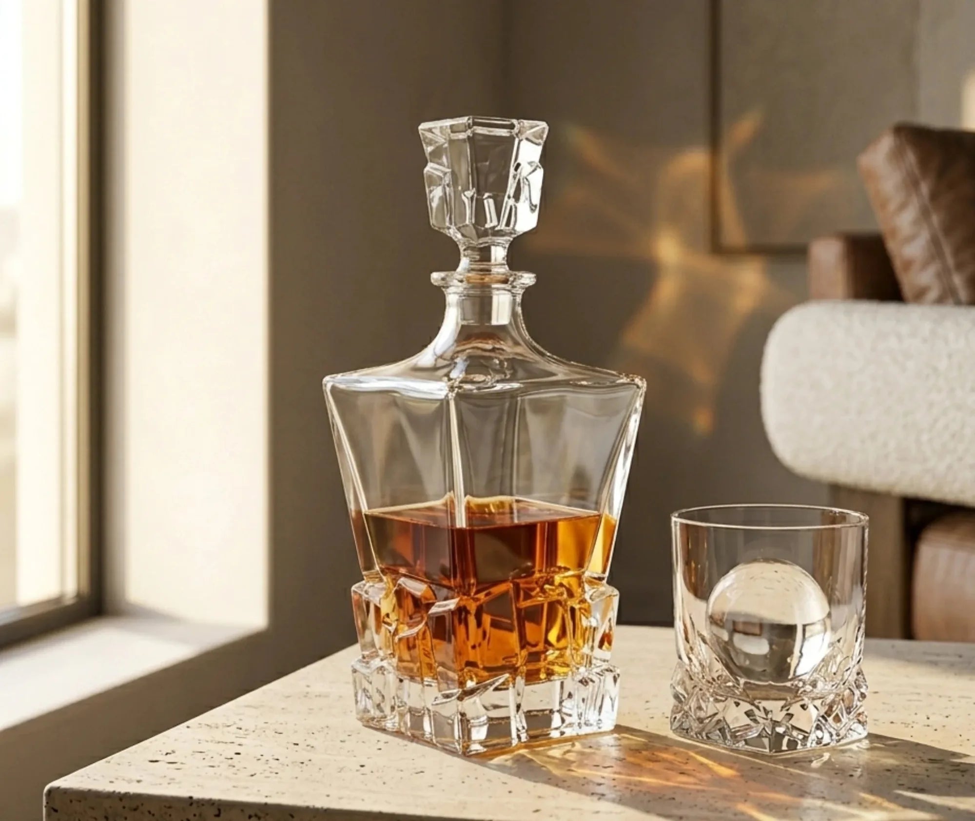 Carafe à whisky irlandais remplie posée sur une console en pierre claire à côté d'un verre assorti, dans un intérieur chaleureux