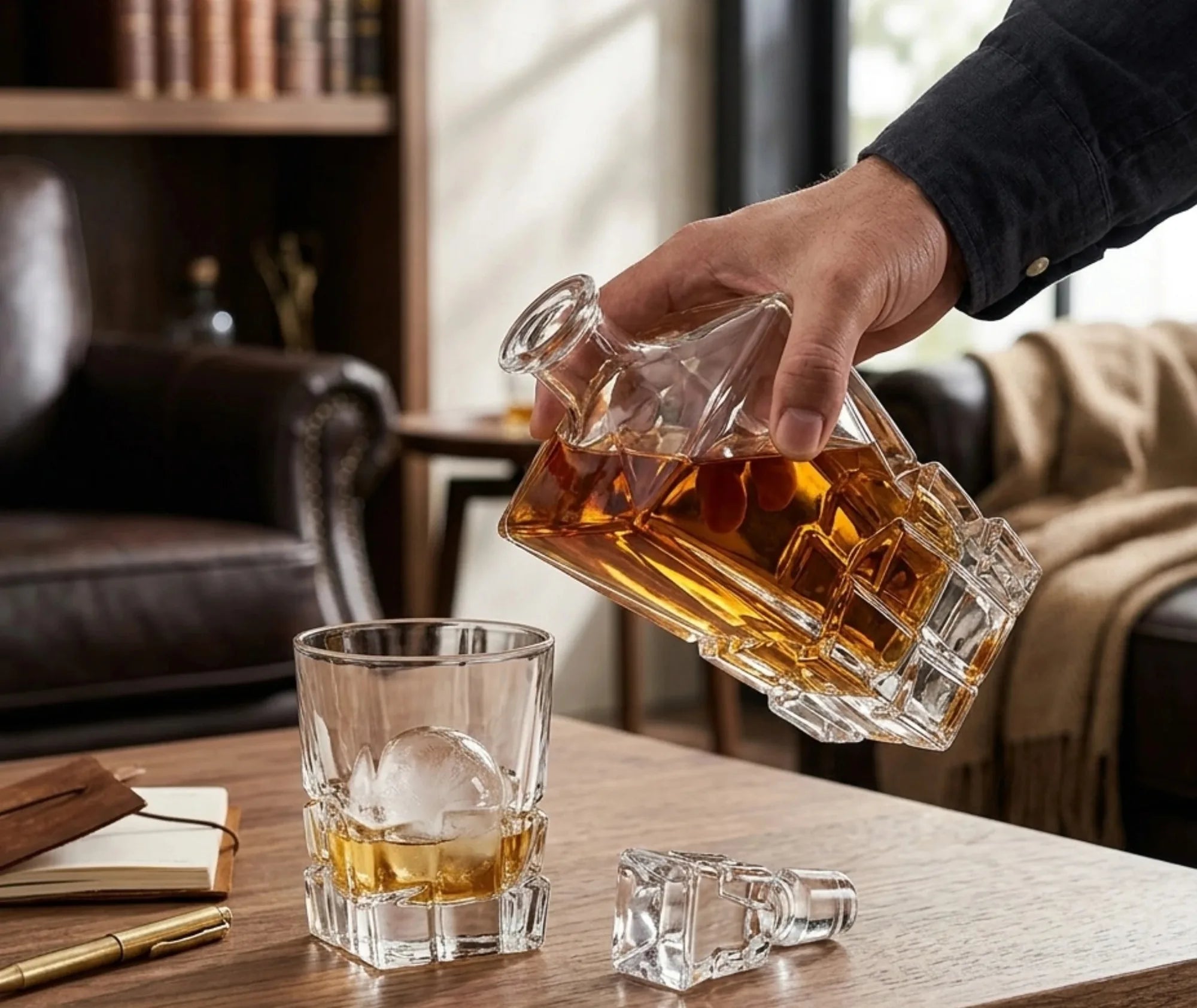 Une main verse du whisky depuis la carafe taillée dans un verre en cristal avec une boule de glace, dans un salon en cuir