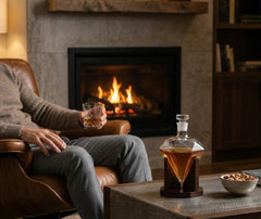 Carafe à whisky japonais posée sur une table basse près d'une cheminée allumée, avec un homme assis dans un fauteuil en cuir tenant un verre de whisky