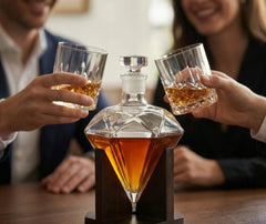 Photo en situation d'un couple trinquant avec des verres à whisky en cristal autour de la carafe diamant, sur une table en bois