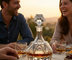 Carafe à whisky luxueuse posée sur une table extérieure, entourée d'amis riant au coucher du soleil avec des verres de whisky.